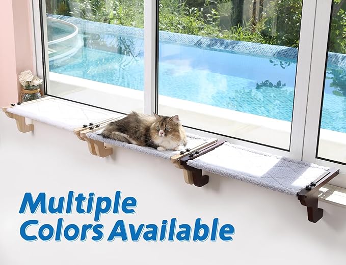 Easy Seat Cat Perch for Window Sill - Hammock Design w/Pine Wood & Robust Metal Frame - Cat Window Seat for Large Cats and Kittens (Natural Color Wood w/White Bed, Large (26''W x 14''D))