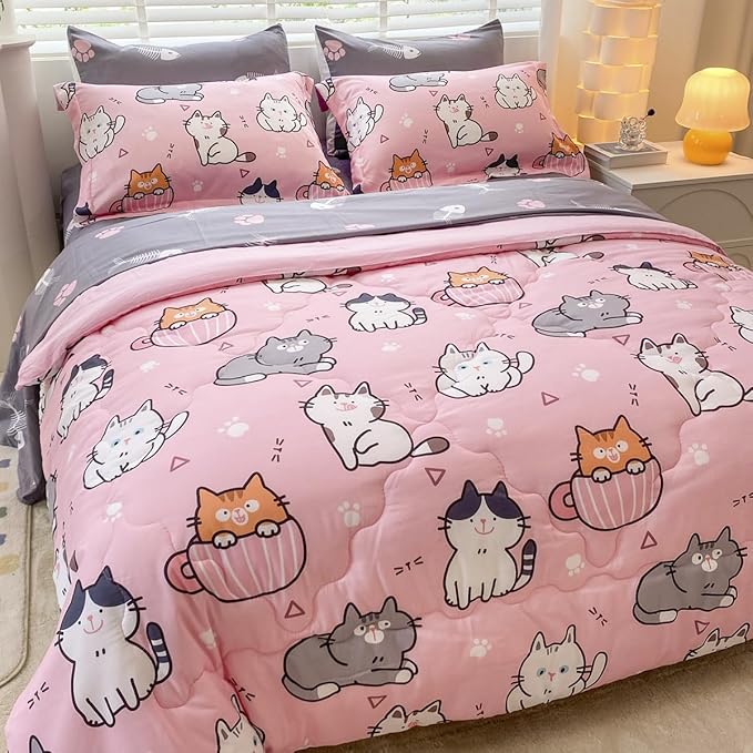 7 Piece Girls Cat Comforter Set Full Size Bed in A Bag Pink Cute Cartoon Pet Cats Bedding Set for Kids Boys Teens (1 Comforter, 1 Flat Sheet, 1 Fitted Sheet, 4 Pillow Sham) Gray