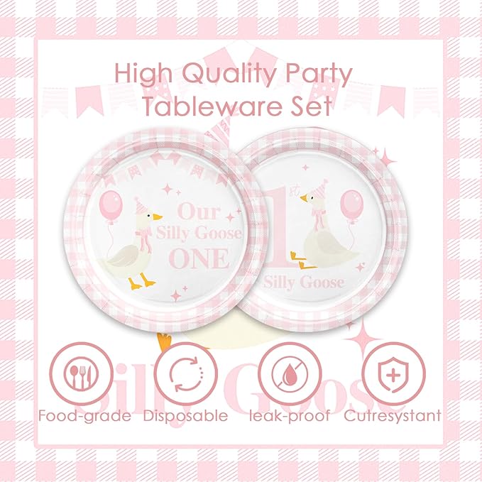 48Pcs One Silly Goose Birthday Decor Girl, Pink Silly Goose Birthday Baby Shower Party Decorations with Forks Paper Plates and Napkins Set Supplies