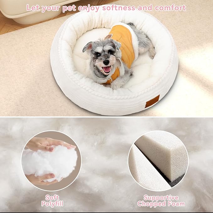 30in Cream Round Cat Dog Bed for Large Medium Small Dogs Cats, Machine Washable Sleeping Sofa, Non-Slip Bottom Breathable Soft Calming Pet Cuddler for Indoor/Outdoor/Car/Cage, Fit up to 45lbs