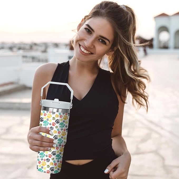 30 Oz Paw Print Tumbler with Handle and Straw, Insulated Paw Print Coffee Mug, Double Wall Stainless Steel Cat Paw Cup, Cat Mom Mug or Cat Dad Mug, 30 Oz Leak Proof Cat Paw Mug for Women Gifts