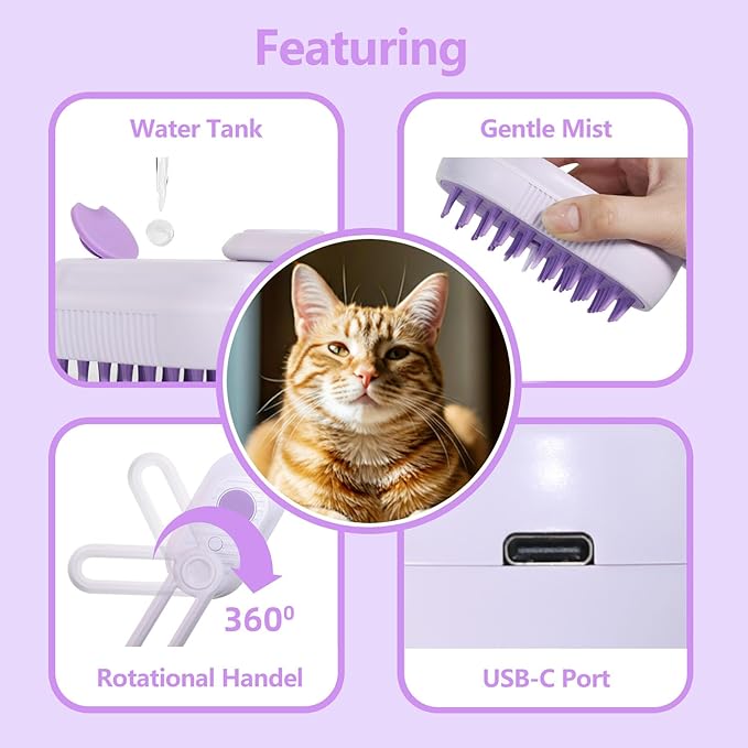 3-in-1 Cat Steam Brush for Shedding, Rechargeable Cat Brush with Gentle Mist, Pet Hair Steam Brush for Cats and Dogs, Spritz Defur Comb for Cats (Purple)