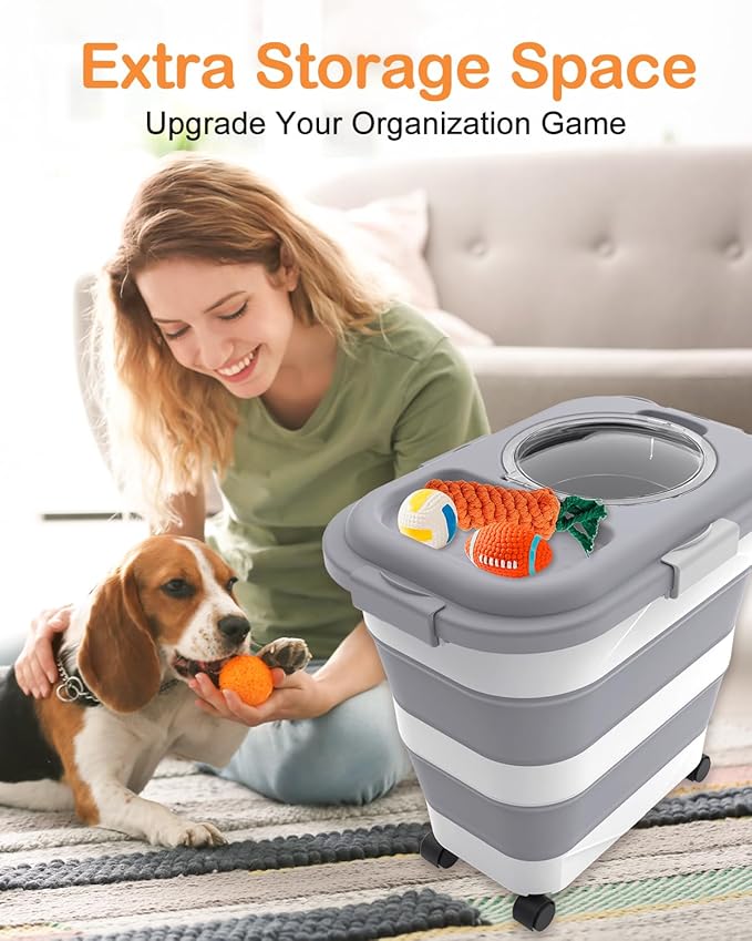 25-28 Lbs Dog Food Storage Container with Handle, Collapsible Dog Food Container with Airtight Lids, Wheels, Large Pet food storage Container for Dog Cat, Dog Food Scoop, Dog Food Bowl