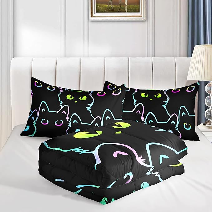 Axolotl Kids Bedding Cartoon Cat Comforter Set Queen Size,Gradient Line Cute Cat Bedding Set for Teens Kids Boys Girls Adults Room Decor,Kids Comforter Set All Season,1 Comforter 2 Pillow Cases,Black