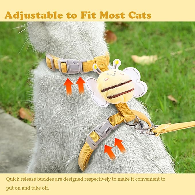 Cat Harness and Leash Set for Outdoor Travel Walking Escape Proof Soft Safe Adjustable Kitten Puppy Small Strap Kitty Cute Bee Wings Yellow S