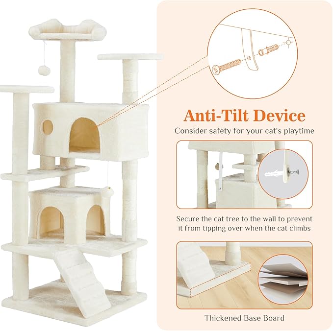 Sweetcrispy 54-Inch Cat Tree Tower – Multi-Level Cat Tower with Sisal Scratching Post, Perfect Cat Gift, Indoor Cat Tree with Condo, Climbing Ladder, Plush Toy, and More Cat Stuff，Beige