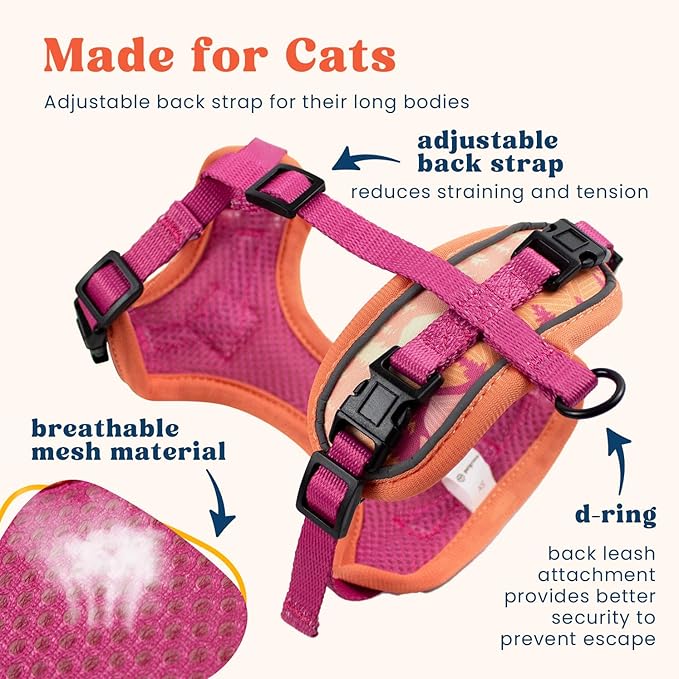 Cat Harness and Leash Set for Walking, Escape Proof Vest Harnesses for Cats, Breathable Mesh with Reflective Strips - (Neon Nights), Small