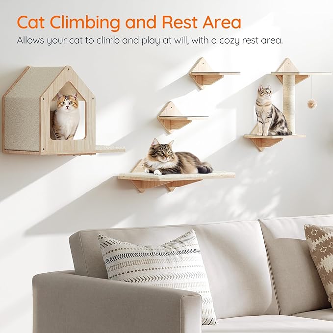 HOOBRO Wood Cat Wall Shelves, Set of 5 Cat Furniture, Cat Wall Mounted Furniture, Cat Climbing Shelves with Cat House, Cat Steps, Scratching Post, Perch, Sturdy and Anti-Slip, Natural NL43CS03