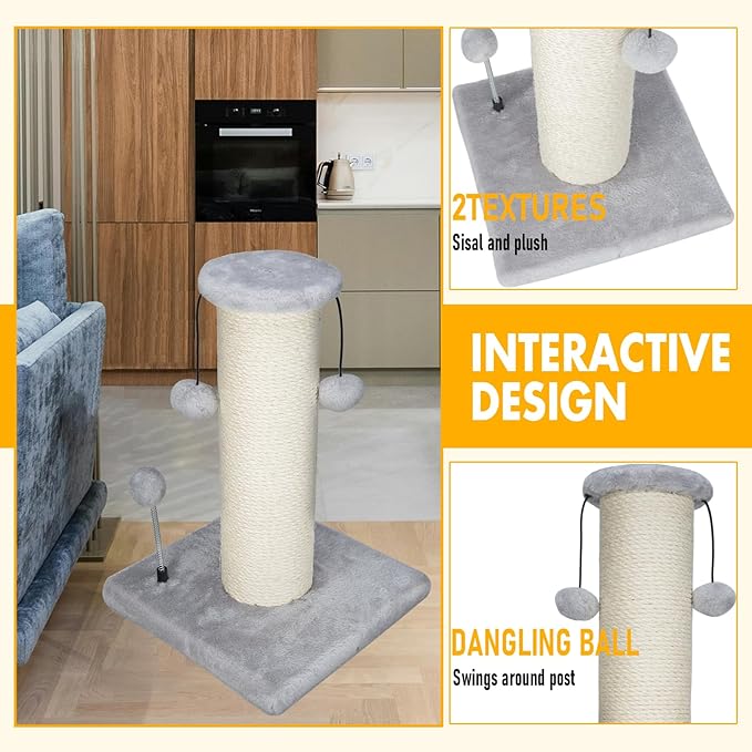 Dimaka Large Heavy Cat Scratching Post for Cats with 6" Wide Elevated Top Stand, Cat Tree Scratcher, 4.5" Dia. Big Sisal Rope Pole with 3 Teasing Balls, Extra Heavy Thick Stable Base (Grey)