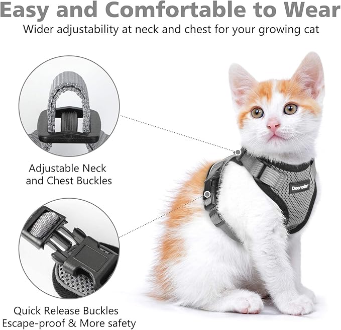 Dooradar Cat Harness and Leash Set, Escape Proof Safe Adjustable Kitten Vest Harnesses for Walking, Easy Control Soft Breathable Mesh Jacket with Reflective Strips for Cats, Grey, XS