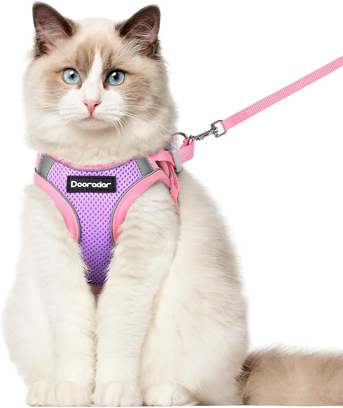 Dooradar Cat Harness and Leash Set, Escape Proof Lightweight Kitten Harness, Soft Breathable Reflective Vest for Outdoor Walking Traveling, Adjustable for Large Cats, Purple & Pink, L