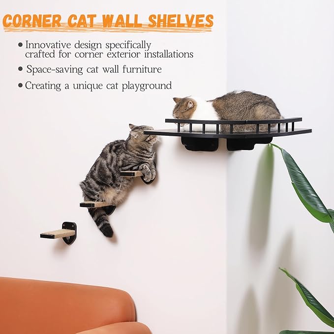 Cat Shelves for Wall, 2 Pcs Cat Wall Shelves with 3 Cat Wall Steps, Wood Cat Wall Furniture Set with Plush Covered, Wall-Mounted Cat Climbing Shelves Cat Perch for Indoor Large Cat (Black)