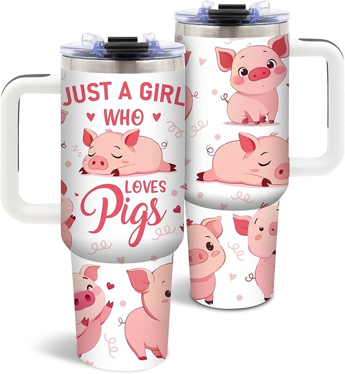 40 Oz Pig Tumbler with Handle and Straw, Just A Girl Who Loves Pig Tumbler, Cute Stainless Steel Insulated Tumblers for Women, Birthday Mothers Day Gifts for Animal Lovers Women