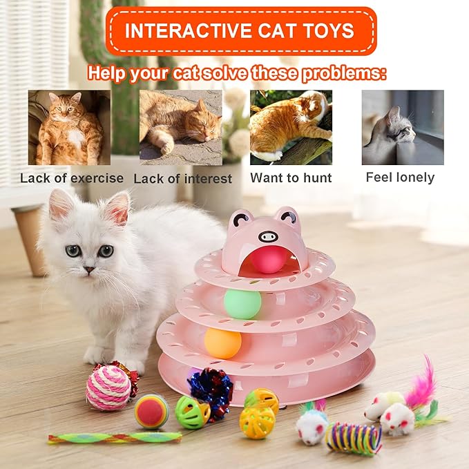 17 Pack Cat Toys, 4-Level Turntable Ball Track Interactive Cat Toy for Indoor Cats, Self Play Fun Roller with Colorful Rotating Ball Puzzle Exercise Kitten Toys Set