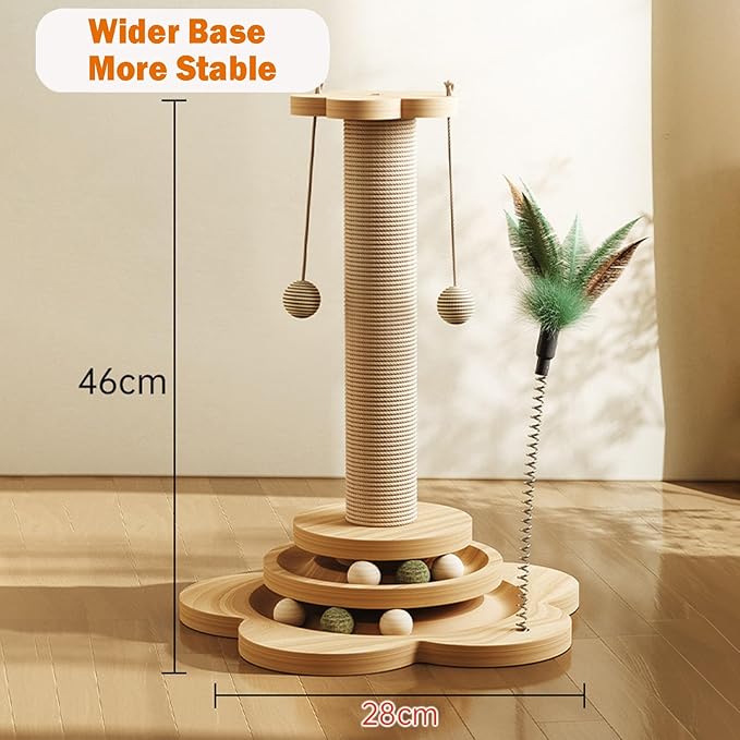 Cat Scratching Post Cat Scratcher Kitten Toys for Indoor Cats, 4-in-1 Interactive Trackball Toys with Cat Teaser 18.1" Tall Wooden Scratch Post Interactive Toy with Dangling Ball Cat Toy