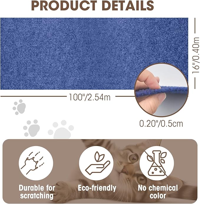 Cat Scratching Mat, 100"x16" Self-Adhesive Carpet Mat Trimmable Replacement for Cat Tree, Cat Wall Shelves, Cat Scratching Post, TanoFalo DIY Couch Furniture Protector (Dark Blue)