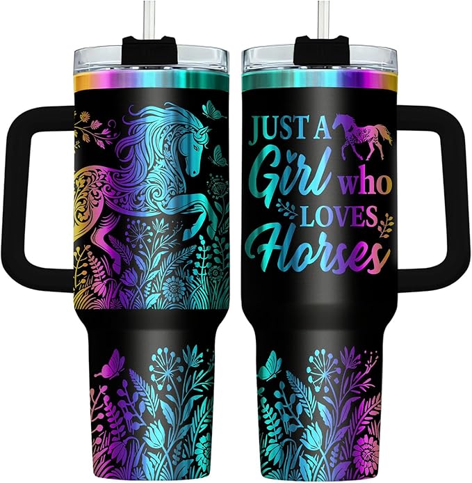 34HD Laser Engraved Horse Tumbler with Handle & Straw, 40oz Stainless Steel Double Wall Vacuum Insulated Cowgirl Travel Mug, Horse Lover Gifts for Girl Women Cowgirl Daughter