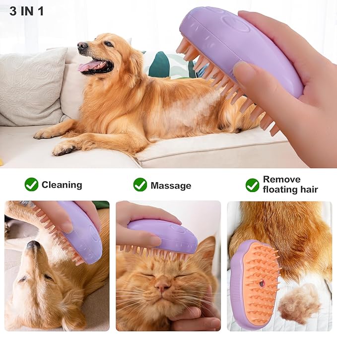 3in1 Cat Steam Brush,Quiet Cute Rechargeable Steamy Pet Brush for Long/Short Hair Dog/Cat Shedding&Grooming&Cleaning,with USB Cable,Effectively Remove Floating&Tangled Hair-Purple Cat Paw