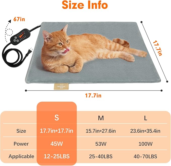 Vannon Pet Heating Pad, Heated Cat Dog Bed with Chew Resistant Cord, 5 Timer and 6 Level Temperature Indoor Warming Mat for Small Dogs and Cats, Waterproof & Overheat Protection, 17.7" × 17.7"