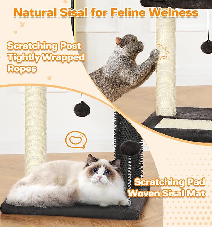 Made4Pets Small Cat Tree Tower, Cat Scratching Post 4-in-1 with Cat Self Groomer Brush, 20" Tall Natural Sisal Cat Scratcher, Soft Plush Cat Perch Bed with Dangling Ball for Indoor Kittens, Dark Grey