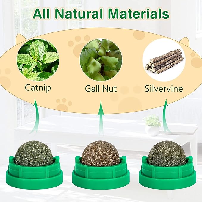 3 Pack Catnip Balls, Catnip Ball for Cats Wall, Edible Kitty Toys for Cats Lick, Safe Healthy Kitten Chew Toys, Teeth Cleaning Dental Cat Toys, Cat Wall Treats (Green)