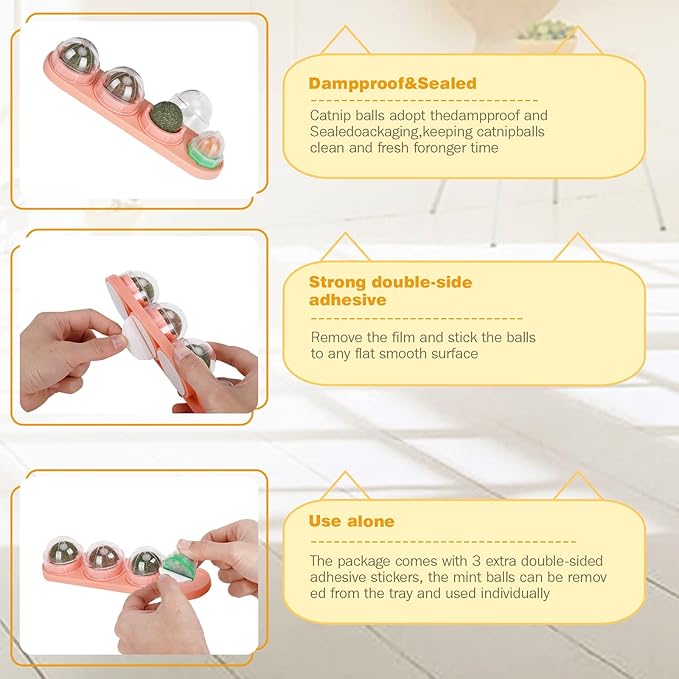 4 Pack Catnip Balls, Catnip Ball for Cats Wall, Edible Kitty Toys for Cats Lick, Safe Healthy Kitten Chew Toys, Teeth Cleaning Dental Cat Toys, Cat Wall Treats (Pink)