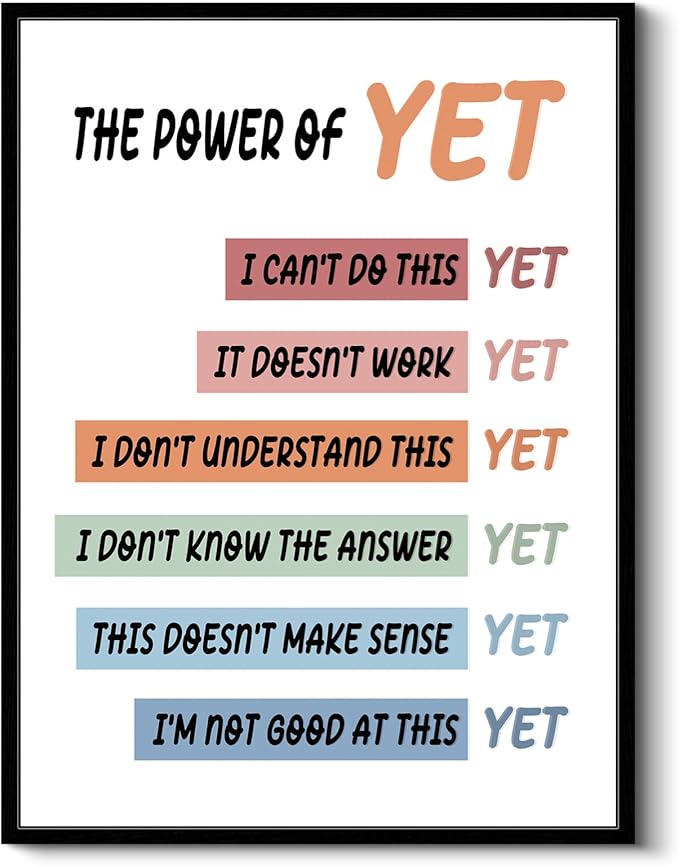 "The Power of Yet" Modern Inspirational Framed Canvas Wall Art, Uplifting 12"x16" Motivational Colorful Wall Decor, Positive Affirmation Encouraging Quote Art Office Classroom Home School