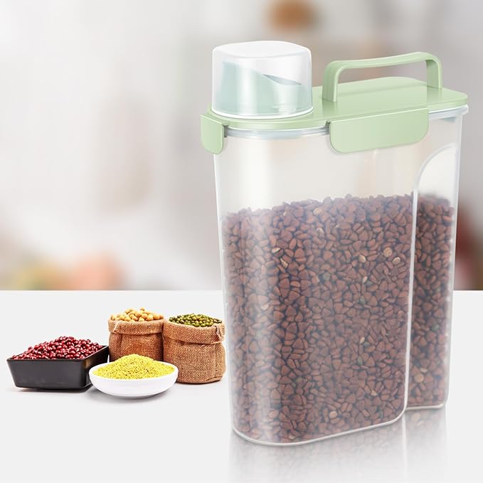 5-10LBS Dog Storage Container with Large Nozzle Design, 4 Safety Buckles, Double-Layer Sealing Strips and a Handle and Measuring Cup is Easy to Clean and Does BPA-free.