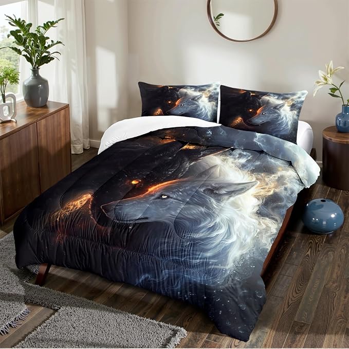 Animal Print Comforter Set Full Wolf Bedding Set for Boys & Kids Soft Lightweight Down Comforter with 2 Pillowcases