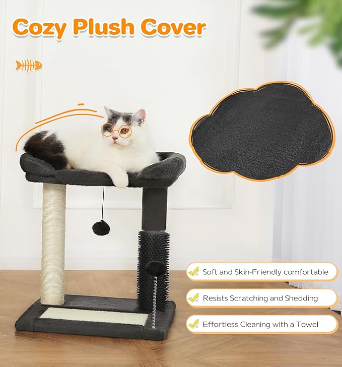 Made4Pets Small Cat Tree Tower, Cat Scratching Post 4-in-1 with Cat Self Groomer Brush, 20" Tall Natural Sisal Cat Scratcher, Soft Plush Cat Perch Bed with Dangling Ball for Indoor Kittens, Dark Grey