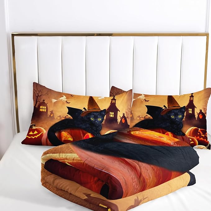 AILONEN Cat Halloween Comforter Set Twin Size,Scary Pumpkin Lantern Black Cat Bedding Set for Boys Girls Room Decor,Retro Gothic Duvet Set 3 Pieces, 1 Quilt and 2 Pillowcases