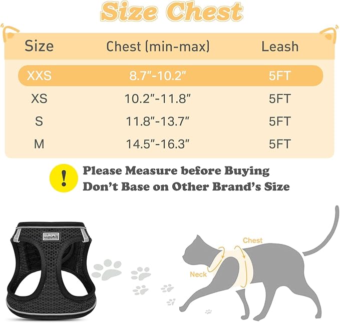 Cat Harness and Leash for Walking Escape Proof, Adjustable Kitten Vest Harness Reflective Soft Mesh Puppy Harness for Outdoor, Comfort Fit, Easy to Control (Black, XXS)