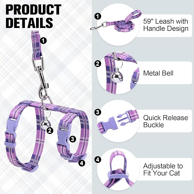 BEAUTYZOO Cat Harness and Leash Set Escape Proof for Walking, Kitten Soft Adjustable Vest Harnesses for Small Medium Large Cats, Easy Control Breathable Plaid Ribbon Nylon for Outdoor Indoor Use