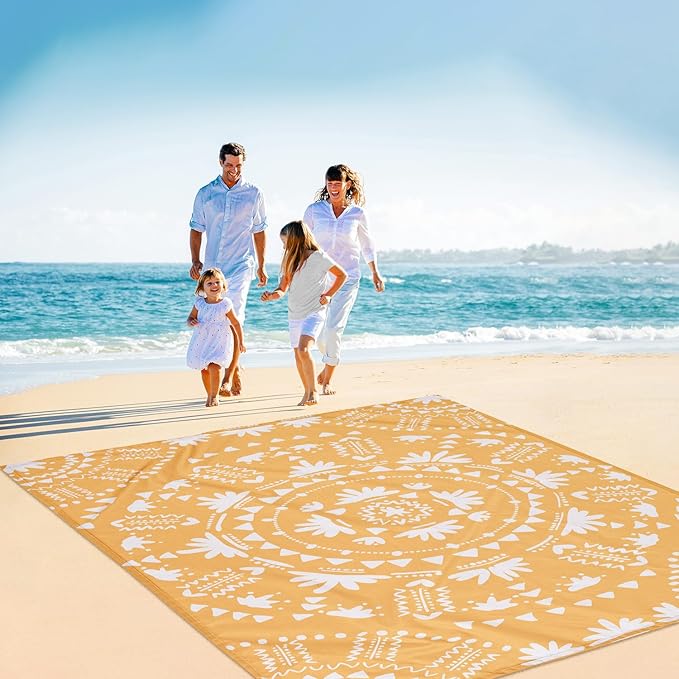 110''×118'' Extra Large Sandproof Beach Blanket 4-8 Adults, Waterproof Foldable Picnic Blankets with 4 Stakes & 4 Pockets, Lightweight Boho Outdoor Beach Mat for Travel, Camping, Hiking