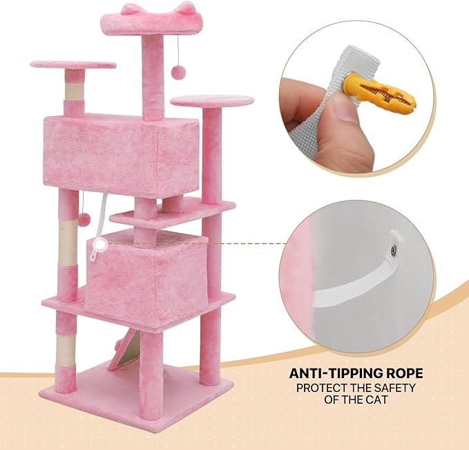 MoNiBloom Cat Tree, 54 Inch Cat Tree Tower with 2 Cat Condo, Cat Tower with Scratching Post, Cat Climbing Tower, Cat Tree for Indoor Cats, Soft Pink