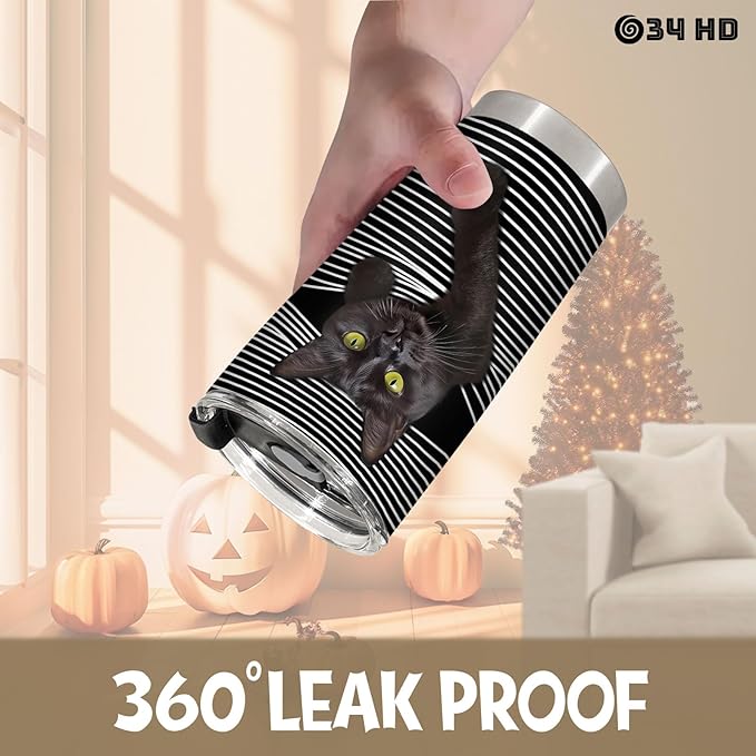 34HD Black Cat Tumbler with Lid, 20 oz Stainless Steel Vacuum Insulated Hide and Seek Mug Kitty, Funny Cat Gifts for Men Women Mothers Day Birthday Christmas