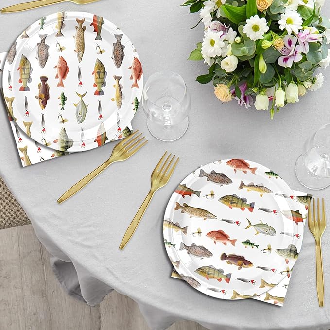 48Pcs Fishing Birthday Party Decorations for Men Women Fishing Party Decorations with Birthday Sign Baby Shower Forks Plates and Napkins Set SuppliesServe 16