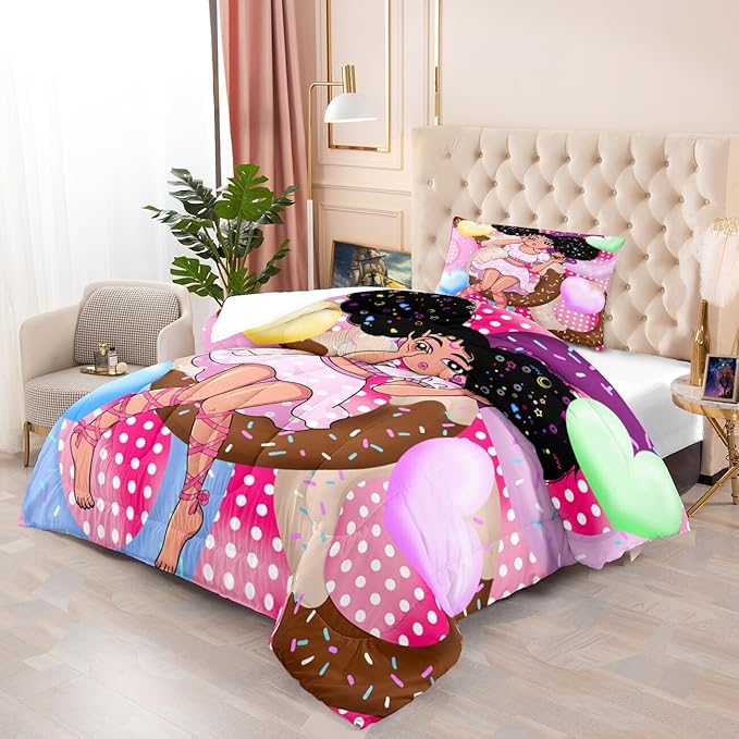 African American Girls Comforter Set Twin - Black Girl Comforter Set - Kids Comforter Sets for Girls Bedroom Decor Pink Donut Girl Pattern Prints 2 Piece Quilt Set with 1 Pillowcase