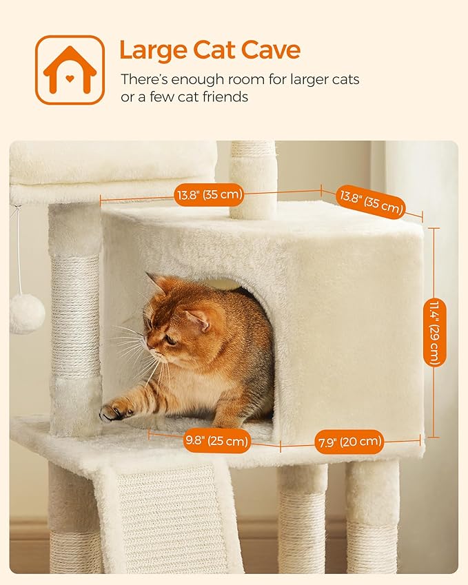 Feandrea Cat Tower, Cat Tree for Indoor Cats, 45.3-Inch Cat Condo with Scratching Post, Ramp, Perch, Spacious Cat Cave, for Kittens, Elderly Cats, Adult Cats, Small Space, Beige UPCT141M01