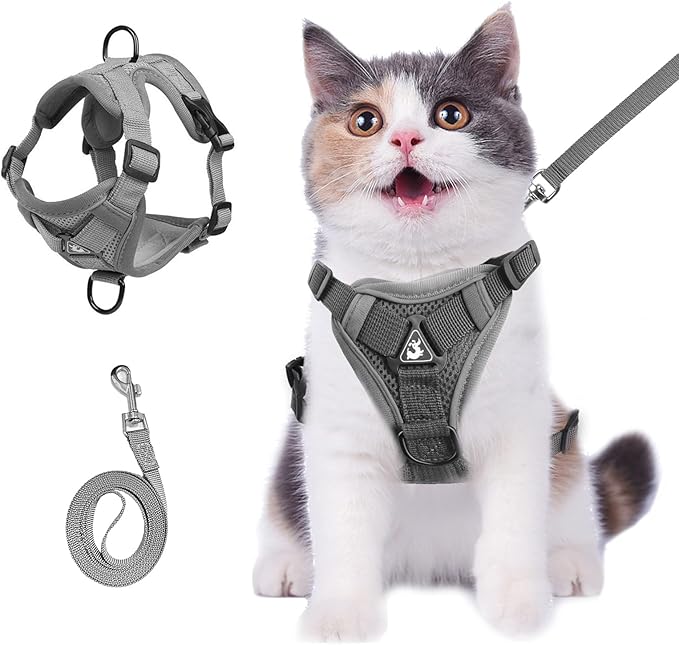 cat Chest Harness and Leash, Anti-Escape Adjustable Soft mesh cat Leash and Chest Harness Set for All Types of Cats cat Vests (Grey, 6.6-9.9lb)