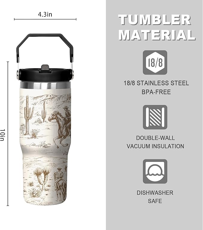 30 Oz Western Tumbler with Handle and Straw, Horse Gifts for Women Insulated Horse Cups, Double Wall Stainless Steel Horse Mugs for Horse Lovers, 30 Oz Horse Coffee Cup Gifts for Horse Lovers Women