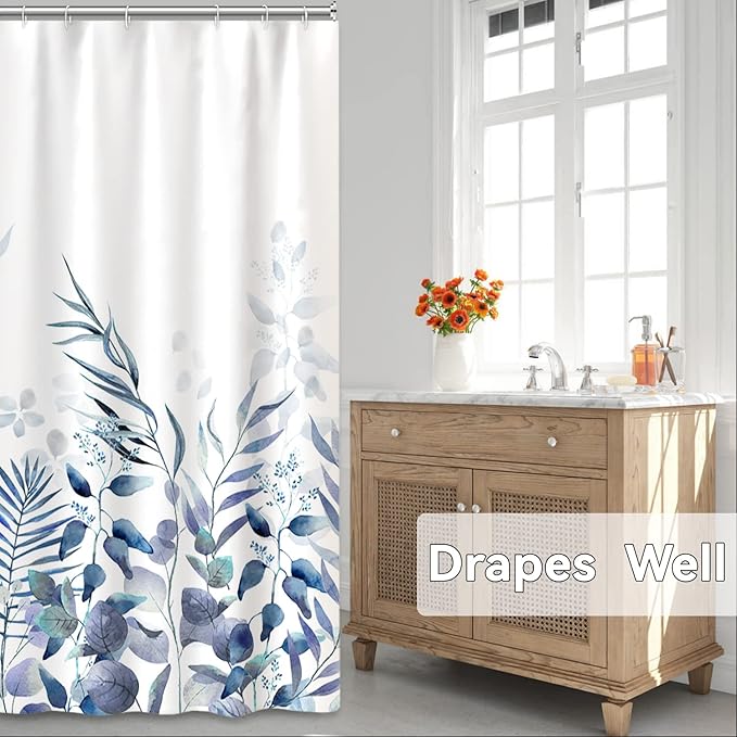 AWERT Shower Curtain Plants for Bathroom,Waterproof Quick-Drying Blue Leaves Shower Curtain Set with Hooks 48x72 Inch