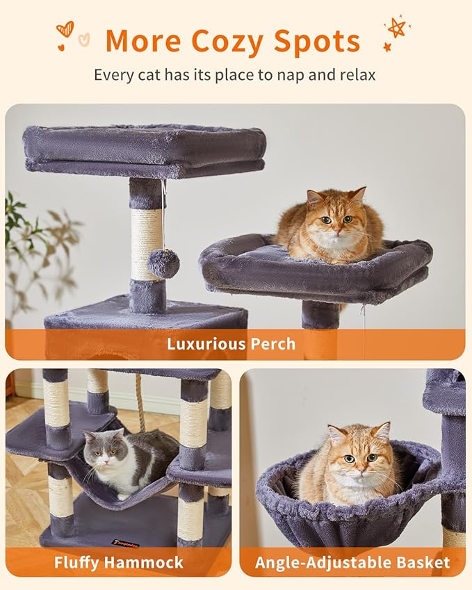 Taoqimiao Cat Tree, 71.7-Inch Cat Tower for Indoor Cats, Plush Multi-Level Cat Condo with 13 Scratching Posts, 2 Perches, 2 Caves, Hammock, 2 Pompoms,Smoky Gray MS013LG