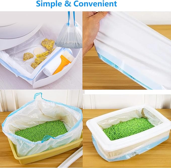 20 Count Cat Drawstring Litter Box Liners 26.6x16.7 inches 2Mils Super Thick White Cat Litter Waste Bags Poop Bags for Self-Cleaning Litter Box Cat Litter Pan Trays (Blue Drawstring 20 count)