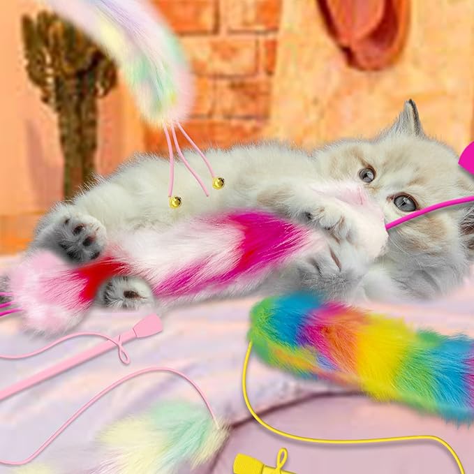 4 Pack Cat Wand Toy, Rainbow Cat Feather Toys with Bells, Cat Teaser Wand with Soft Furry Tail, Interactive Cat Toys for Indoor Cats & Kitten & Kitty