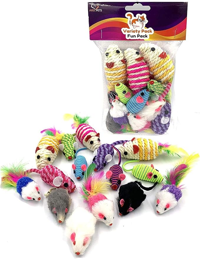 15 Variety Mice Rattle Sound, Catnip,3 Real Fur Mice, 3 Sisal Mice,3 Hypno Mice, 3 Rope Mice, 3 Fluffy Cheezers Fur Mice, Interactive Catch Play Mouse Toy for Cat, Pack of 15 Mice