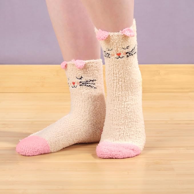 BambooMN Super Soft Warm Cute Furry Animal Non-Slip Fuzzy Cozy Fluffly Crew Winter Home Socks, Value Pack