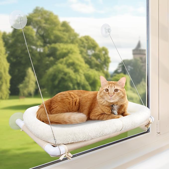 Cat Bed Window, Cat Window Hammock Window Perch, Safety Cat Shelves Space Saving Window Mounted Cat Seat for Large Cats (Cushion Bed Set)