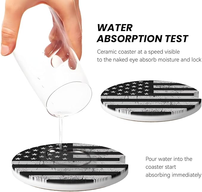 Absorbent Ceramic Car Coasters for Cup Holders, Black White American Flag Design 2.56" Anti Slip Universal Drink Cup Coasters for Women Men (2 Pack)