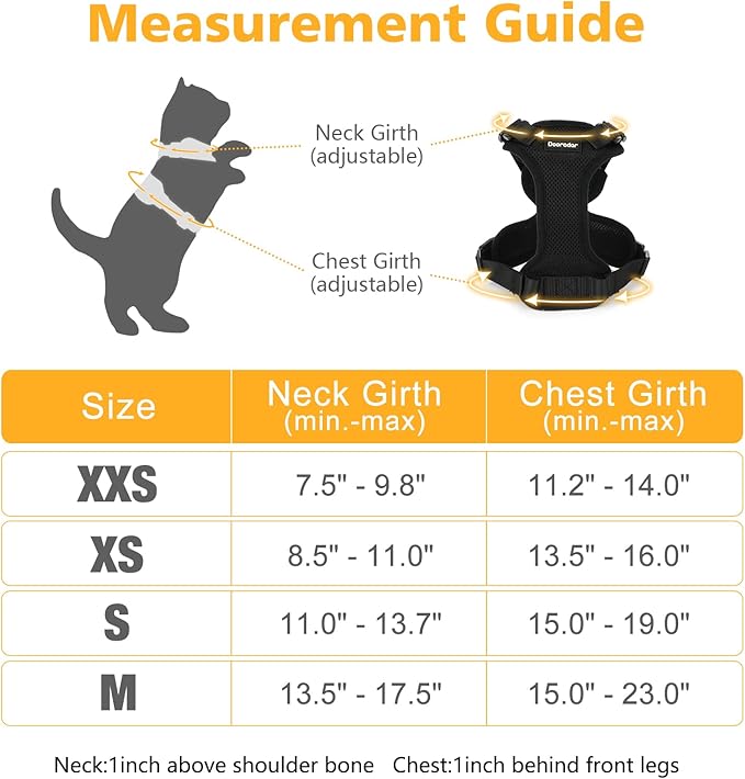 Dooradar Cat Harness and Leash Set, Escape Proof Safe Adjustable Kitten Vest Harnesses for Walking, Easy Control Soft Breathable Mesh Jacket with Reflective Strips for Cats, Black, M